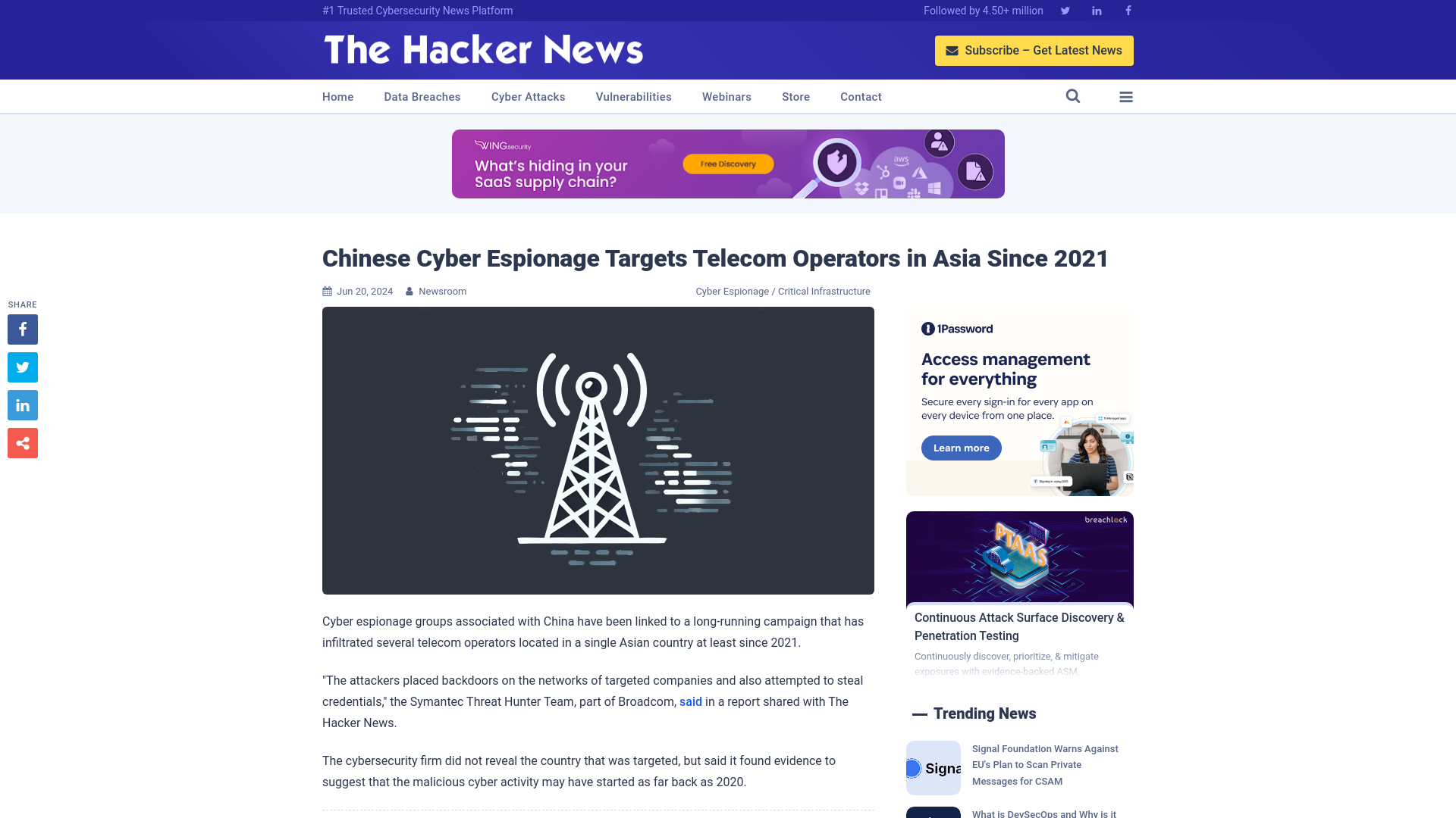 Chinese Cyber Espionage Targets Telecom Operators in Asia Since 2021