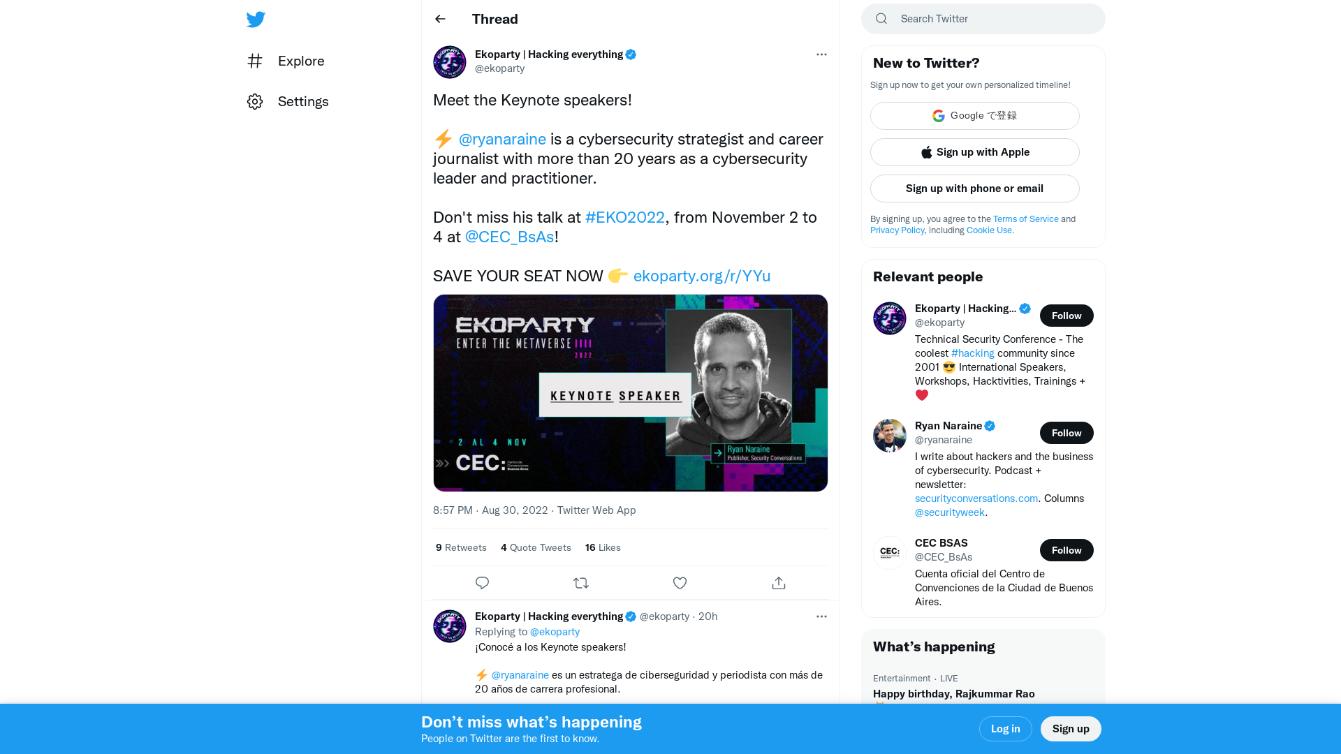 Ekoparty | Hacking everything on Twitter: "Meet the Keynote speakers! ⚡ @ryanaraine is a cybersecurity strategist and career journalist with more than 20 years as a cybersecurity leader and practitioner. Don't miss his talk at #EKO2022, from November 2 to 4 at @CEC_BsAs! SAVE YOUR SEAT NOW 👉 https://t.co/hLkmlAfI4s https://t.co/wl8flN4iKt" / Twitter