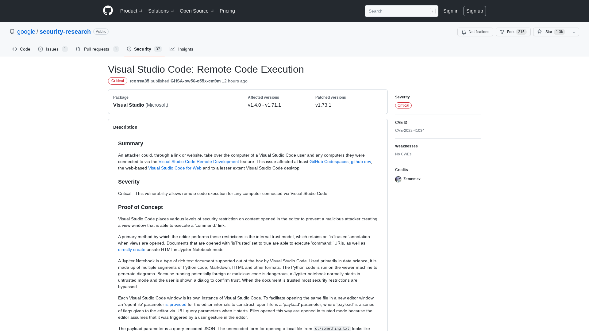 Visual Studio Code: Remote Code Execution · Advisory · google/security-research · GitHub