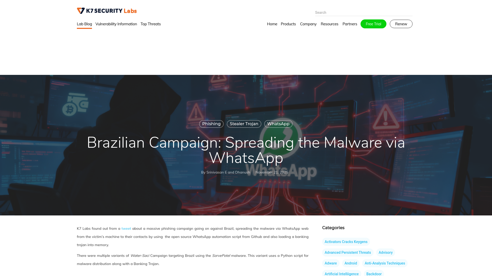 Brazilian Campaign: Spreading the Malware via WhatsApp - K7 Labs