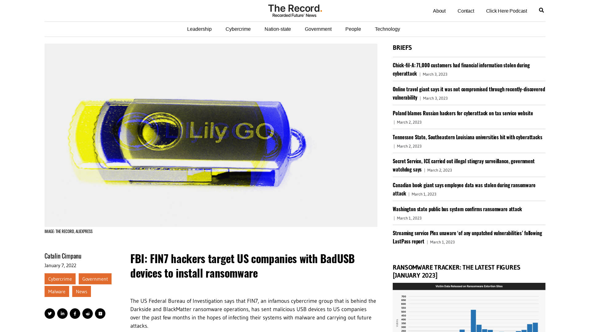 FBI: FIN7 hackers target US companies with BadUSB devices to install ransomware - The Record from Recorded Future News