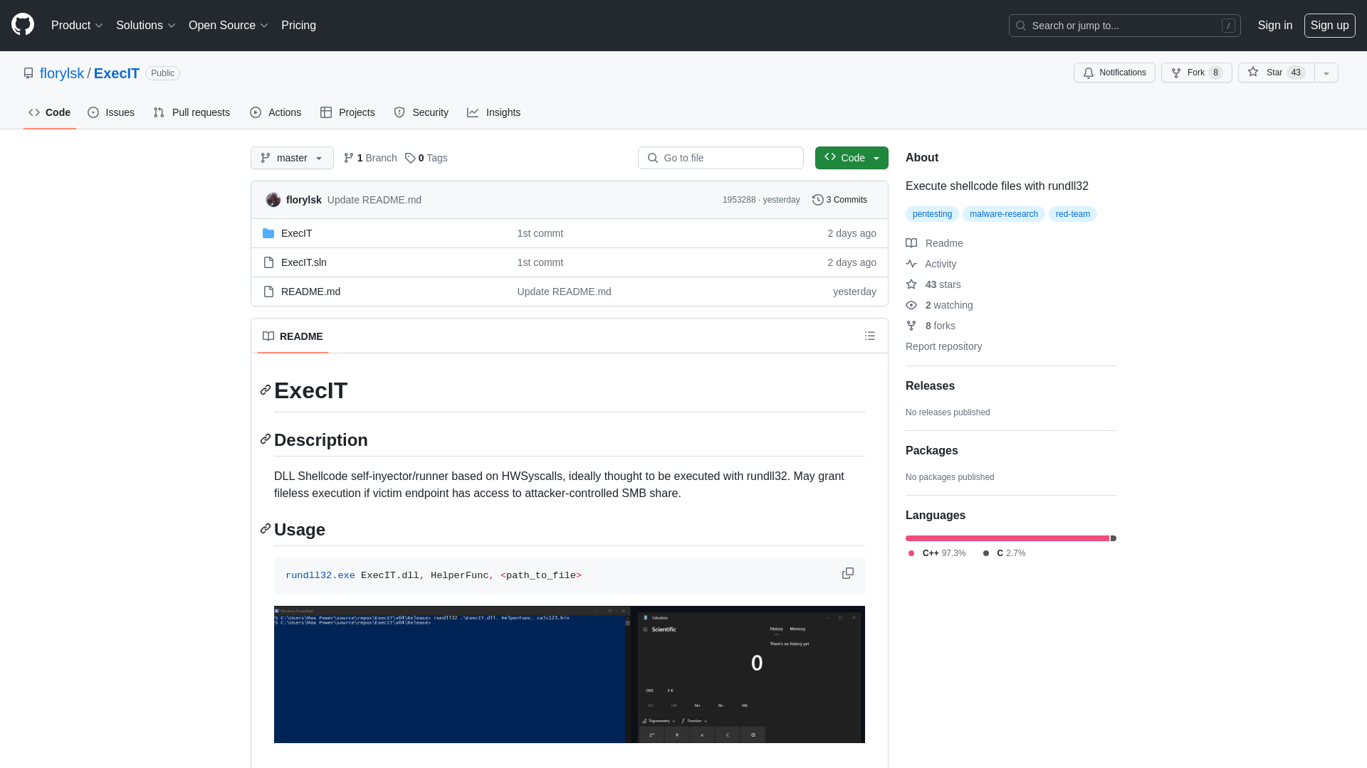 GitHub - florylsk/ExecIT: Execute shellcode files with rundll32