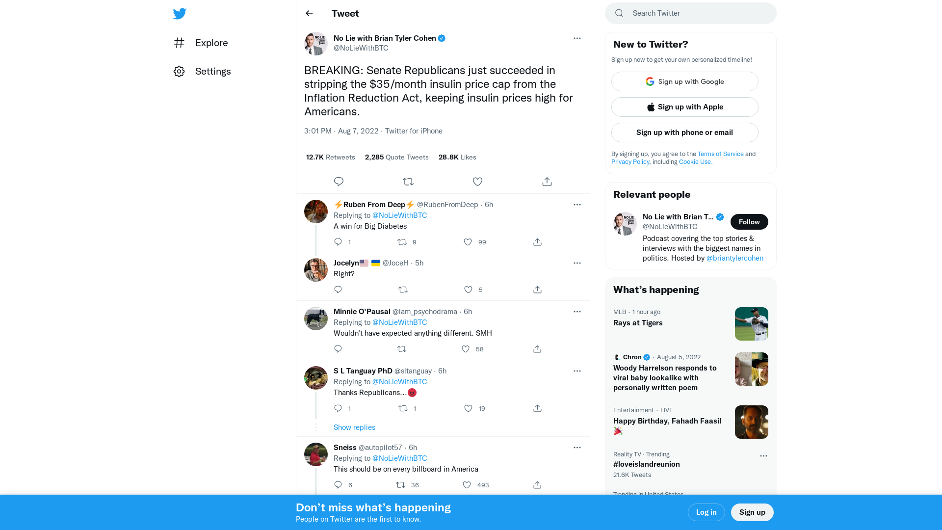 No Lie with Brian Tyler Cohen on Twitter: "BREAKING: Senate Republicans just succeeded in stripping the $35/month insulin price cap from the Inflation Reduction Act, keeping insulin prices high for Americans." / Twitter