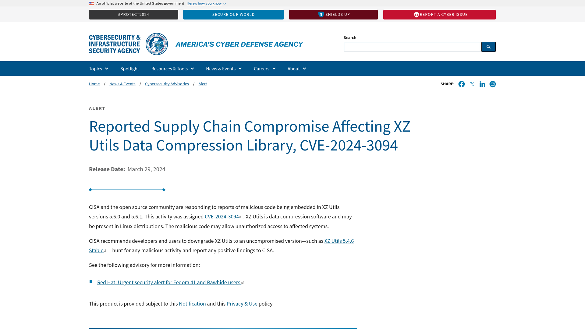 Reported Supply Chain Compromise Affecting XZ Utils Data Compression Library, CVE-2024-3094 | CISA