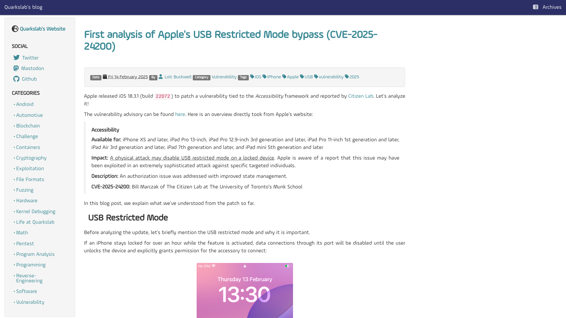 First analysis of Apple's USB Restricted Mode bypass (CVE-2025-24200) - Quarkslab's blog