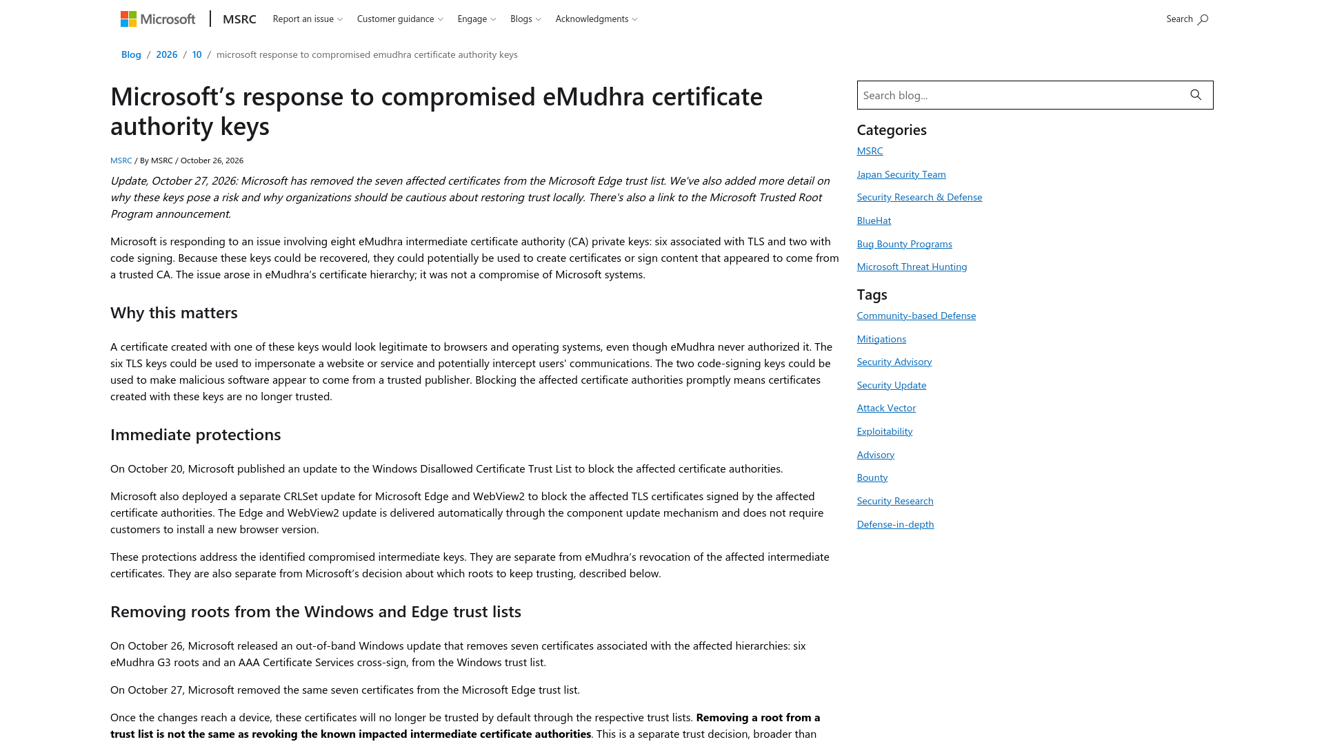 Microsoft’s response to compromised eMudhra certificate authority keys