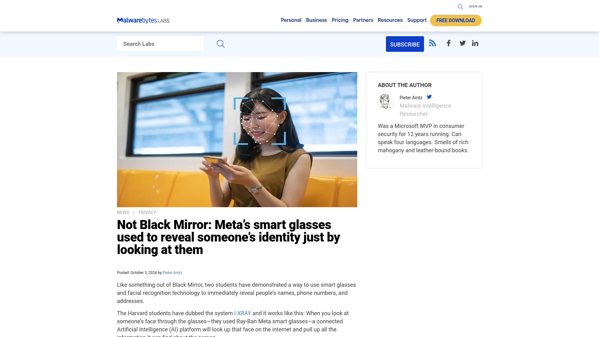 Not Black Mirror: Meta's smart glasses used to reveal someone's identity just by looking at them | Malwarebytes