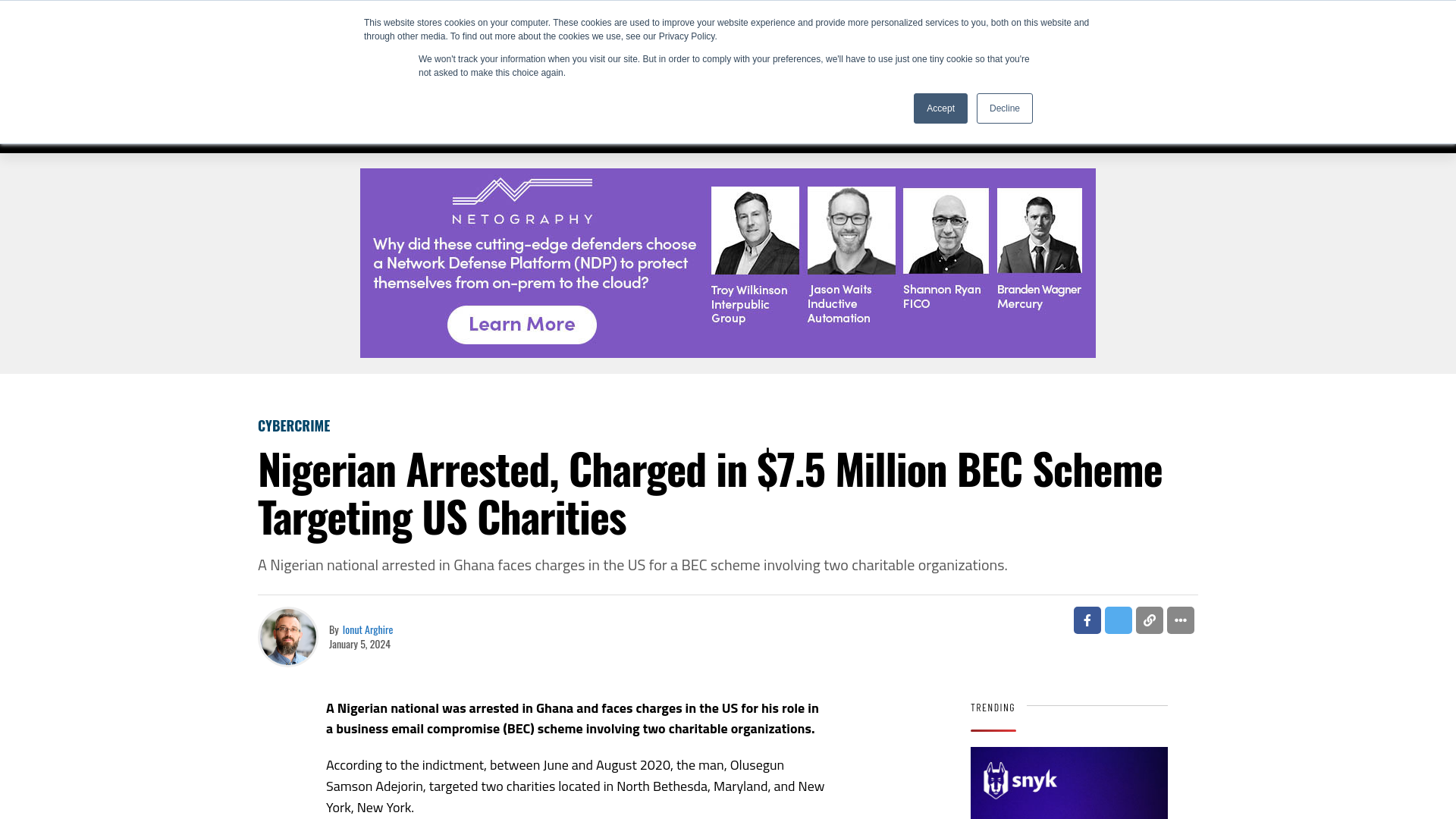 Nigerian Arrested, Charged in $7.5 Million BEC Scheme Targeting US Charities - SecurityWeek