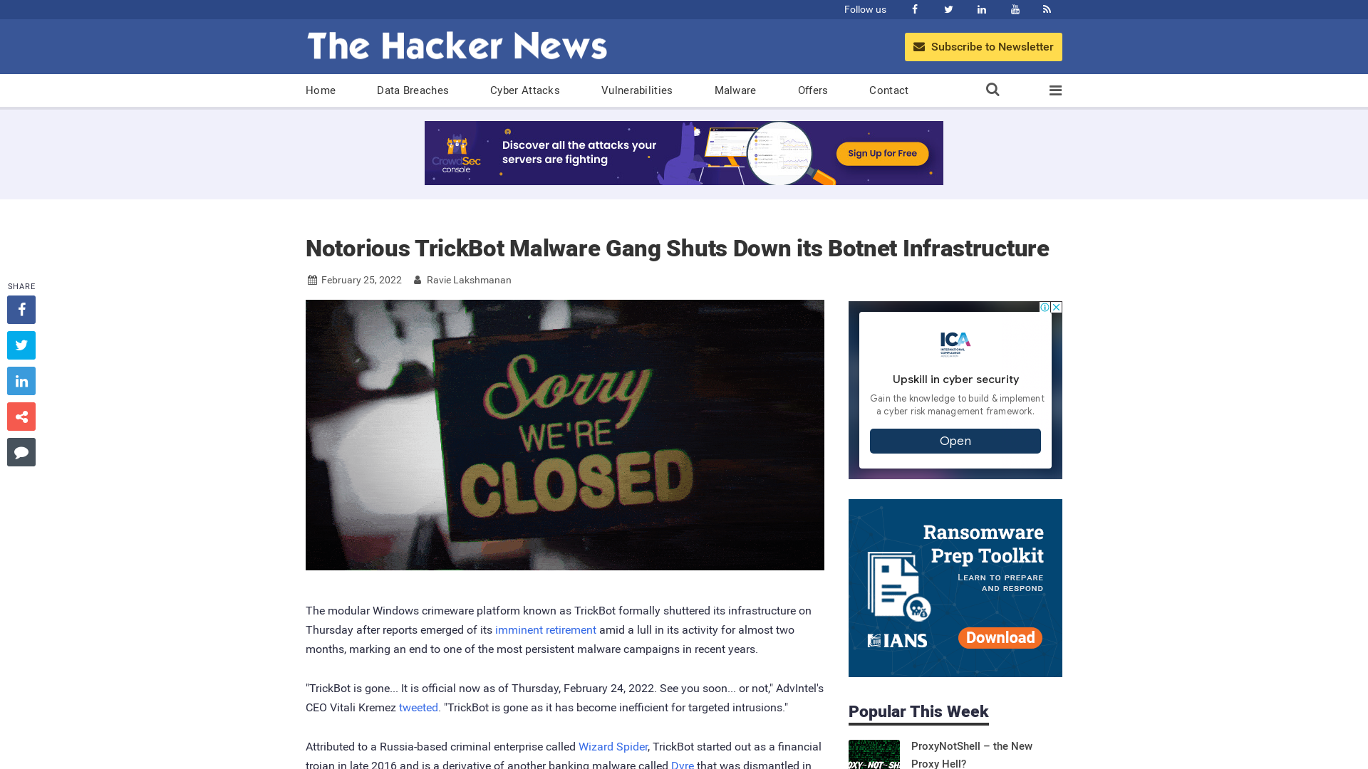 Notorious TrickBot Malware Gang Shuts Down its Botnet Infrastructure