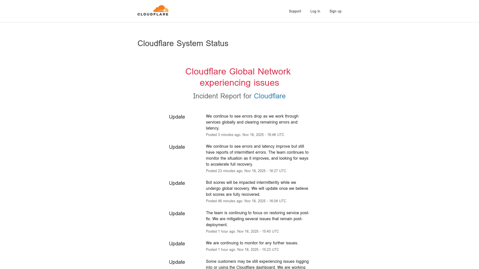 Cloudflare Status - Cloudflare Global Network experiencing issues