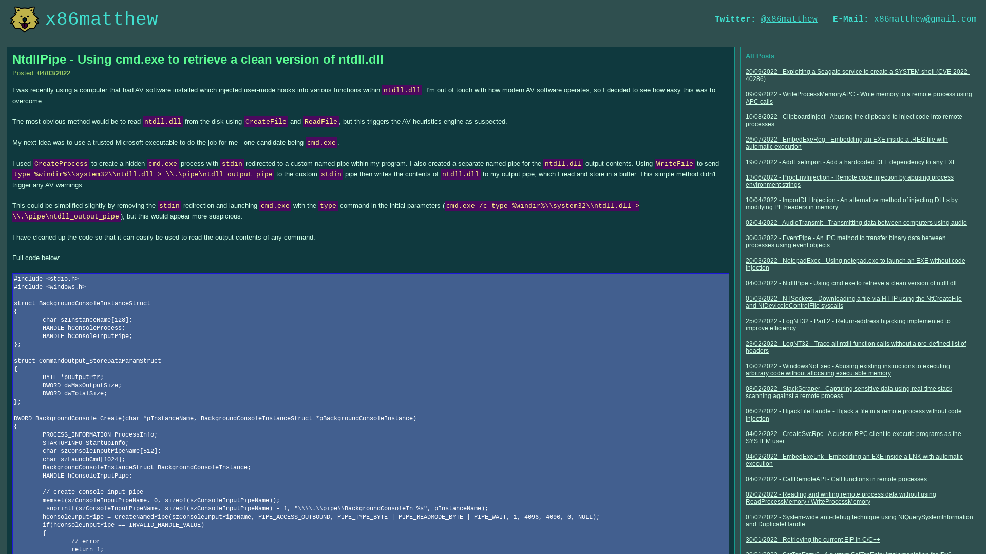 x86matthew - NtdllPipe - Using cmd.exe to retrieve a clean version of ntdll.dll