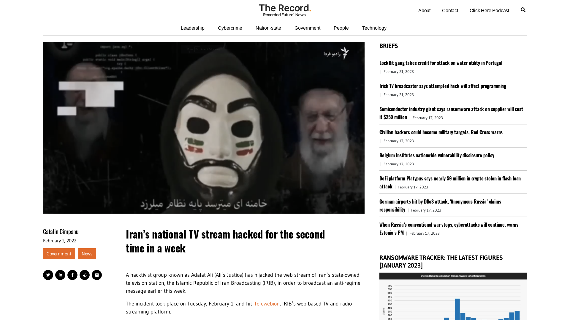 Iran's national TV stream hacked for the second time in a week - The Record from Recorded Future News