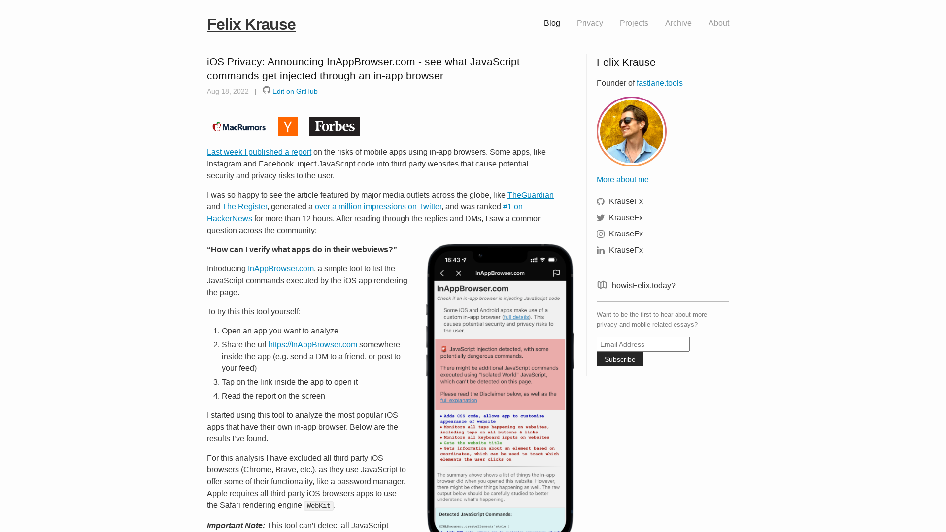 iOS Privacy: Announcing InAppBrowser.com - see what JavaScript commands get injected through an in-app browser · Felix Krause
