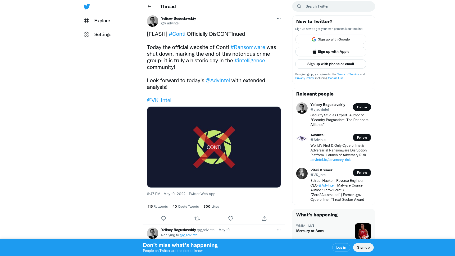 Yelisey Boguslavskiy on Twitter: "[FLASH] #Conti Officially DisCONTInued Today the official website of Conti #Ransomware was shut down, marking the end of this notorious crime group; it is truly a historic day in the #intelligence community! Look forward to today's @AdvIntel with extended analysis! @VK_Intel https://t.co/gMSXhlHVSb" / Twitter