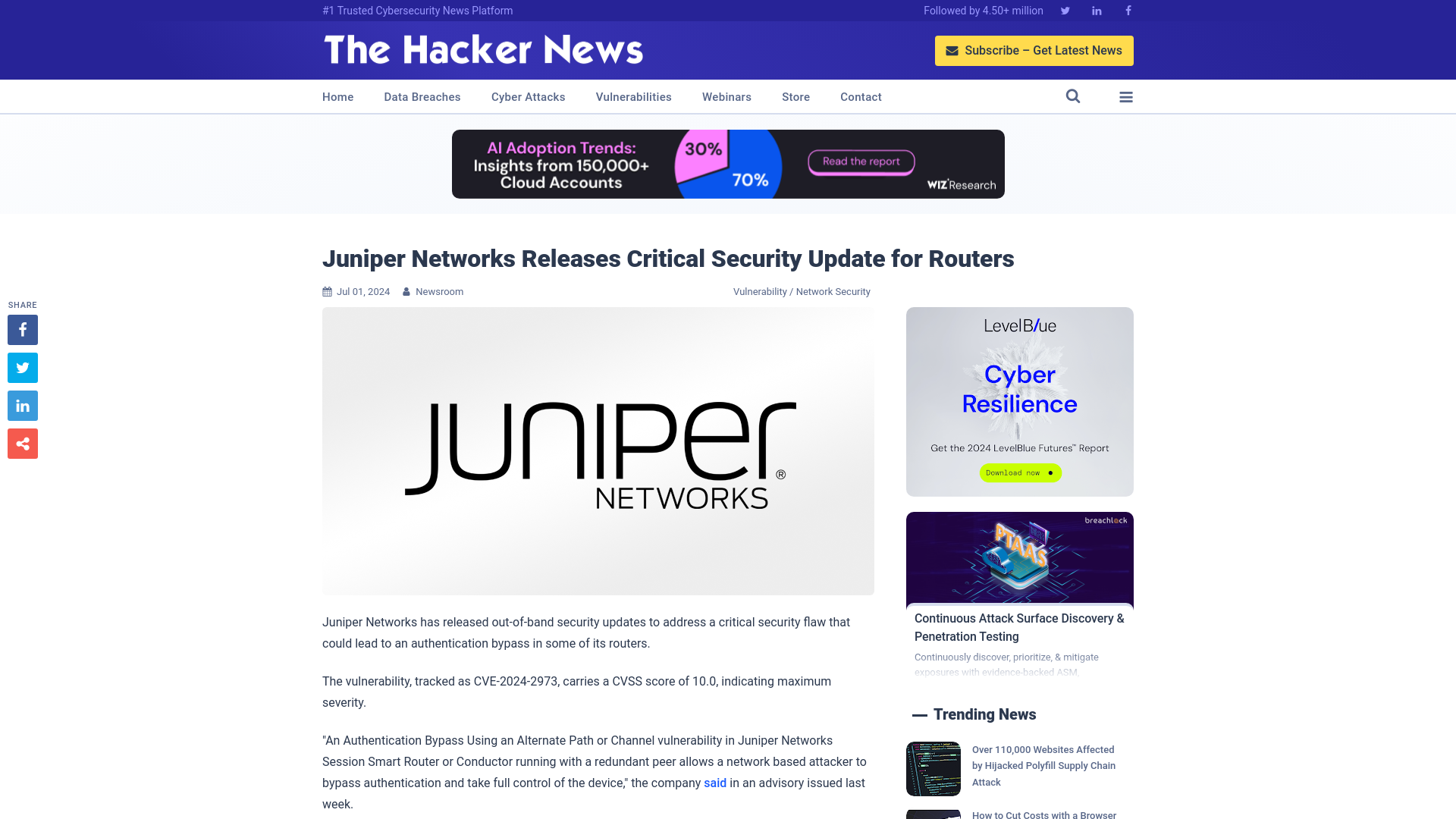 Juniper Networks Releases Critical Security Update for Routers