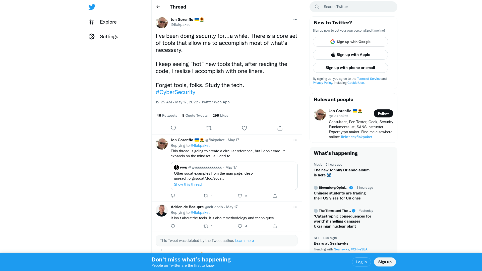 Jon Gorenflo 🇺🇦🌻 on Twitter: "I've been doing security for...a while. There is a core set of tools that allow me to accomplish most of what's necessary. I keep seeing "hot" new tools that, after reading the code, I realize I accomplish with one liners. Forget tools, folks. Study the tech. #CyberSecurity" / Twitter