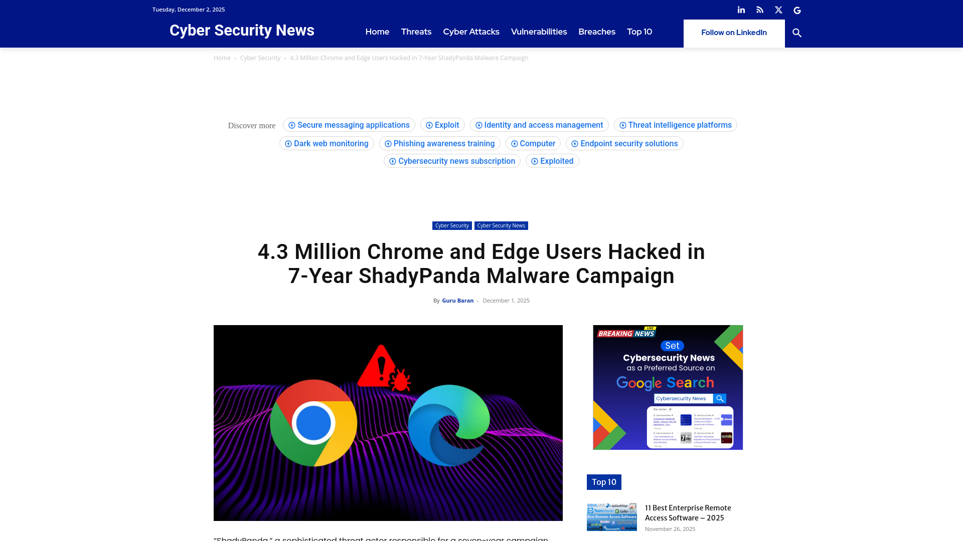 4.3 Million Chrome and Edge Users Hacked in 7-Year ShadyPanda Malware Campaign