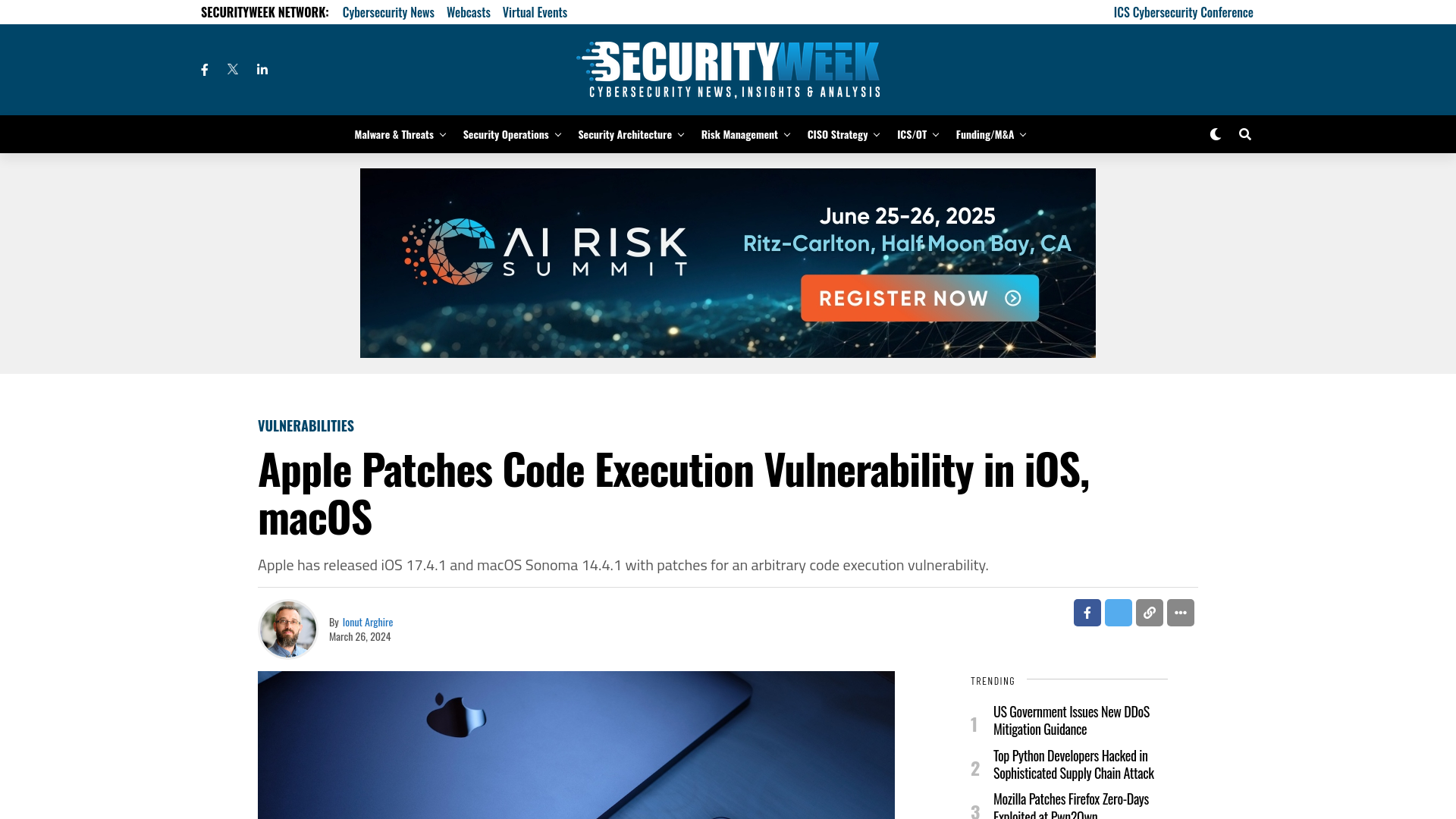 Apple Patches Code Execution Vulnerability in iOS, macOS - SecurityWeek