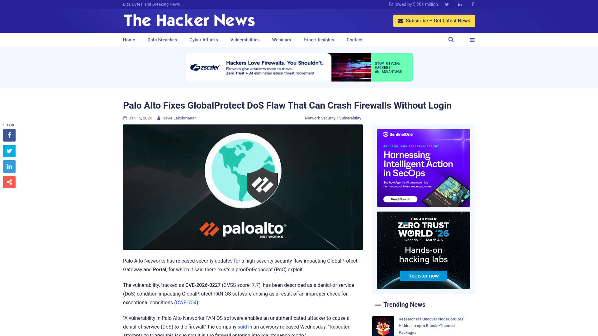 Palo Alto Fixes GlobalProtect DoS Flaw That Can Crash Firewalls Without Login