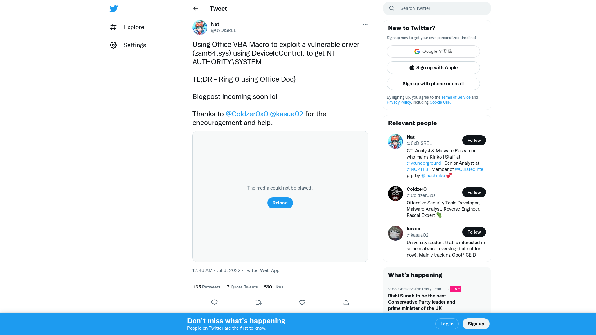 Nat on Twitter: "Using Office VBA Macro to exploit a vulnerable driver (zam64.sys) using DeviceIoControl, to get NT AUTHORITY\SYSTEM TL;DR - Ring 0 using Office Doc} Blogpost incoming soon lol Thanks to @Coldzer0x0 @kasua02 for the encouragement and help. https://t.co/psplpgvNuU" / Twitter