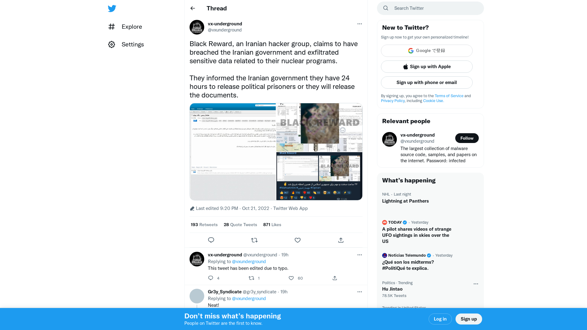 vx-underground on Twitter: "Black Reward, an Iranian hacker group, claims to have breached the Iranian government and exfiltrated sensitive data related to their nuclear programs. They informed the Iranian government they have 24 hours to release political prisoners or they will release the documents. https://t.co/17J8rZfAHo" / Twitter