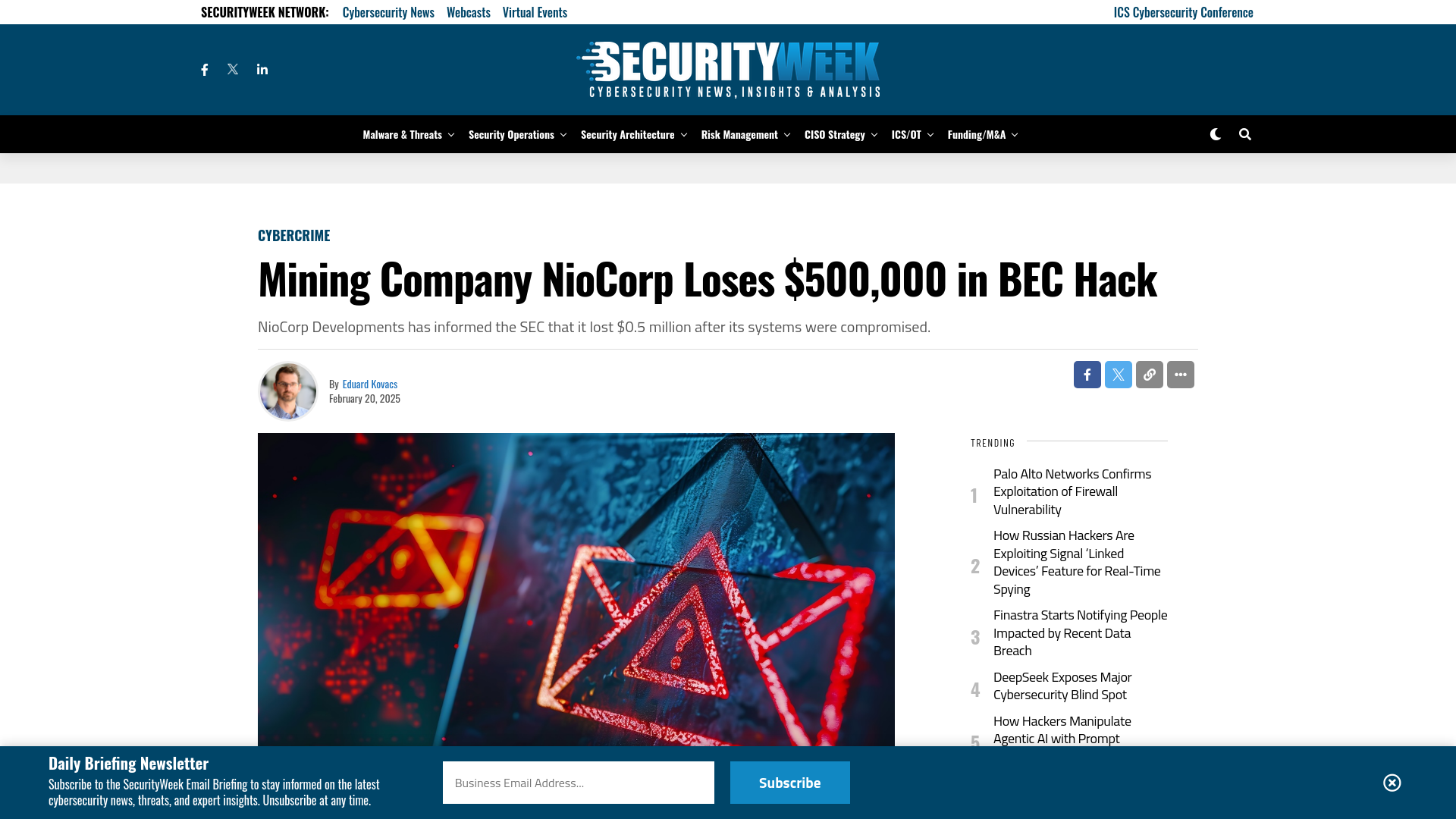 Mining Company NioCorp Loses $500,000 in BEC Hack - SecurityWeek