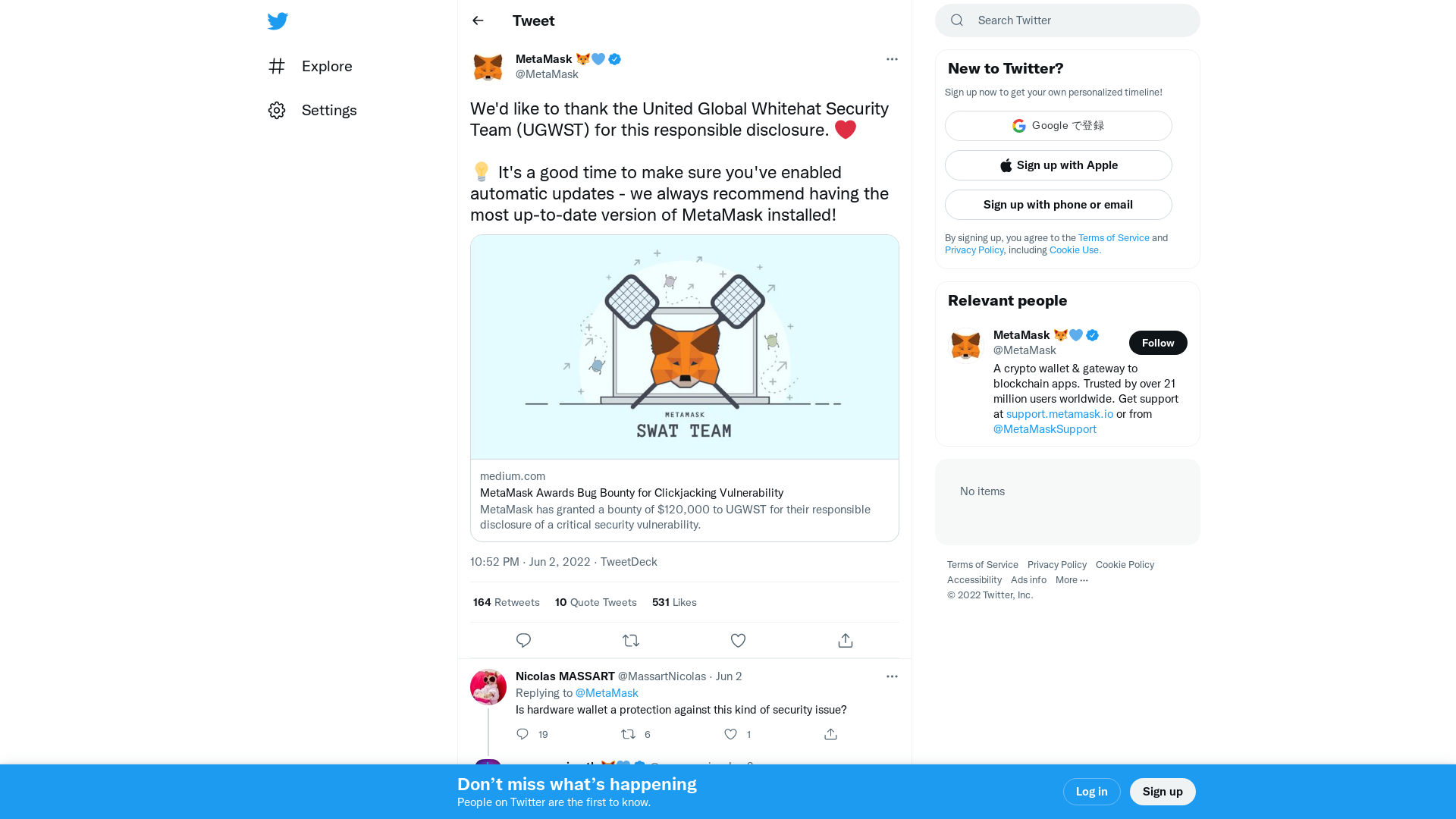 MetaMask 🦊💙 on Twitter: "We'd like to thank the United Global Whitehat Security Team (UGWST) for this responsible disclosure. ❤ 💡 It's a good time to make sure you've enabled automatic updates - we always recommend having the most up-to-date version of MetaMask installed! https://t.co/pn0uAYI79Y" / Twitter