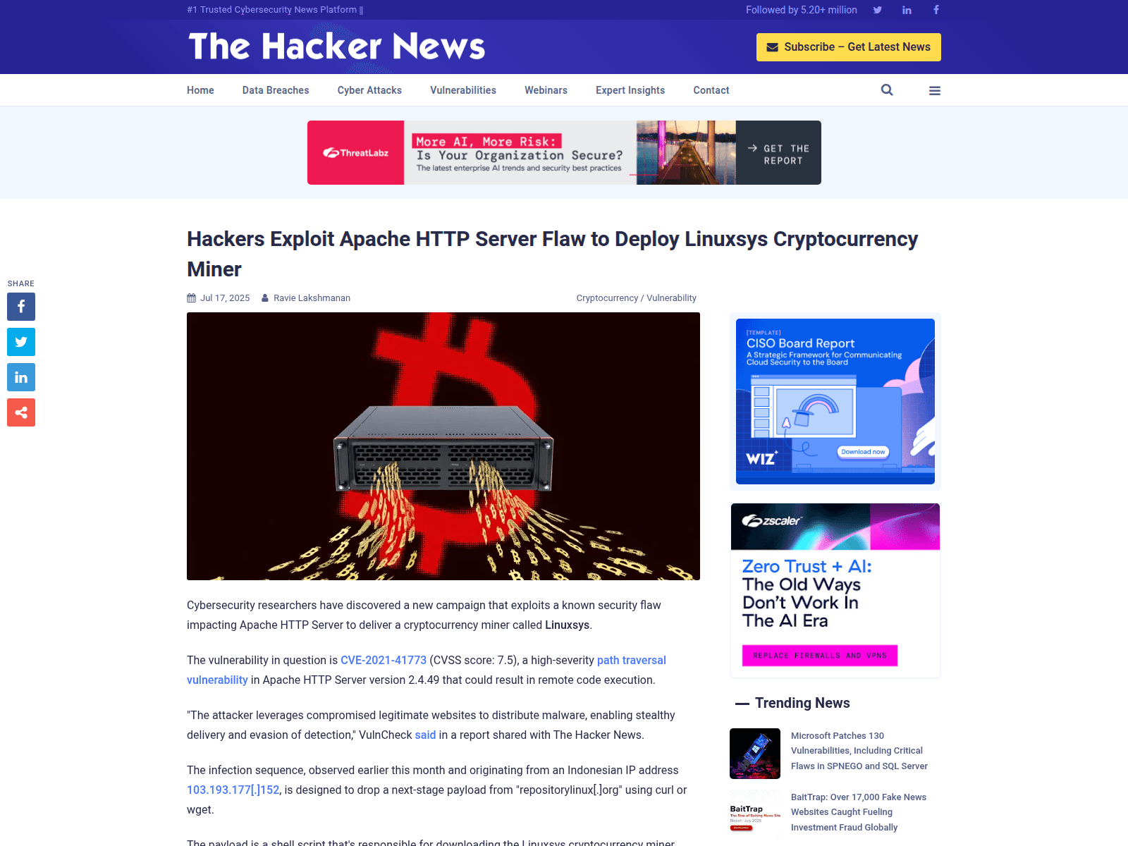 Hackers Exploit Apache HTTP Server Flaw to Deploy Linuxsys Cryptocurrency Miner