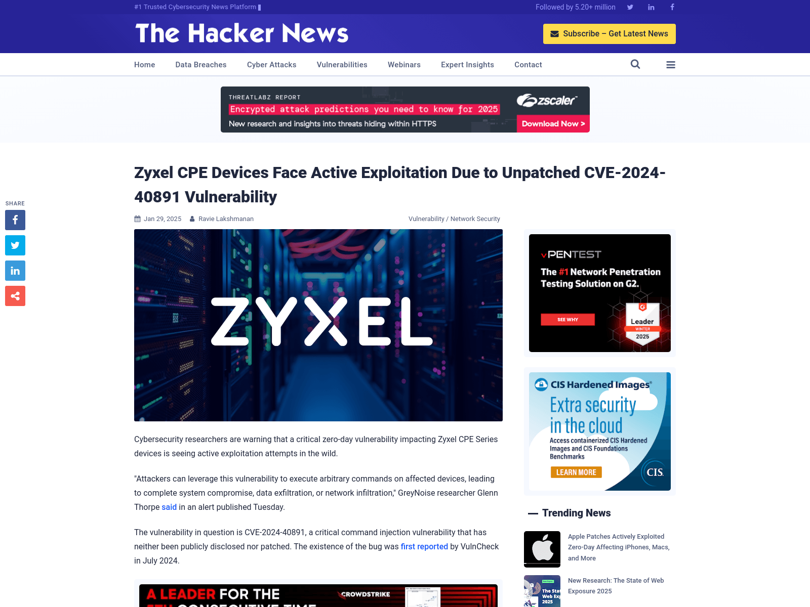 Zyxel CPE Devices Face Active Exploitation Due to Unpatched CVE-2024-40891 Vulnerability