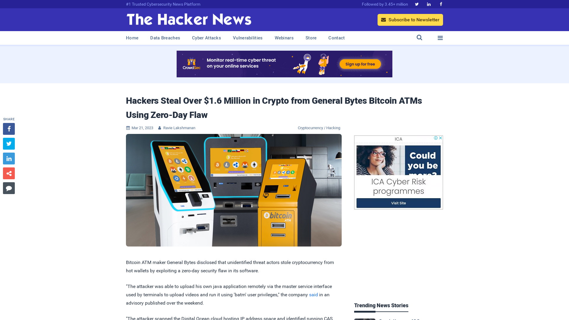 Hackers Steal Over $1.6 Million in Crypto from General Bytes Bitcoin ATMs Using Zero-Day Flaw