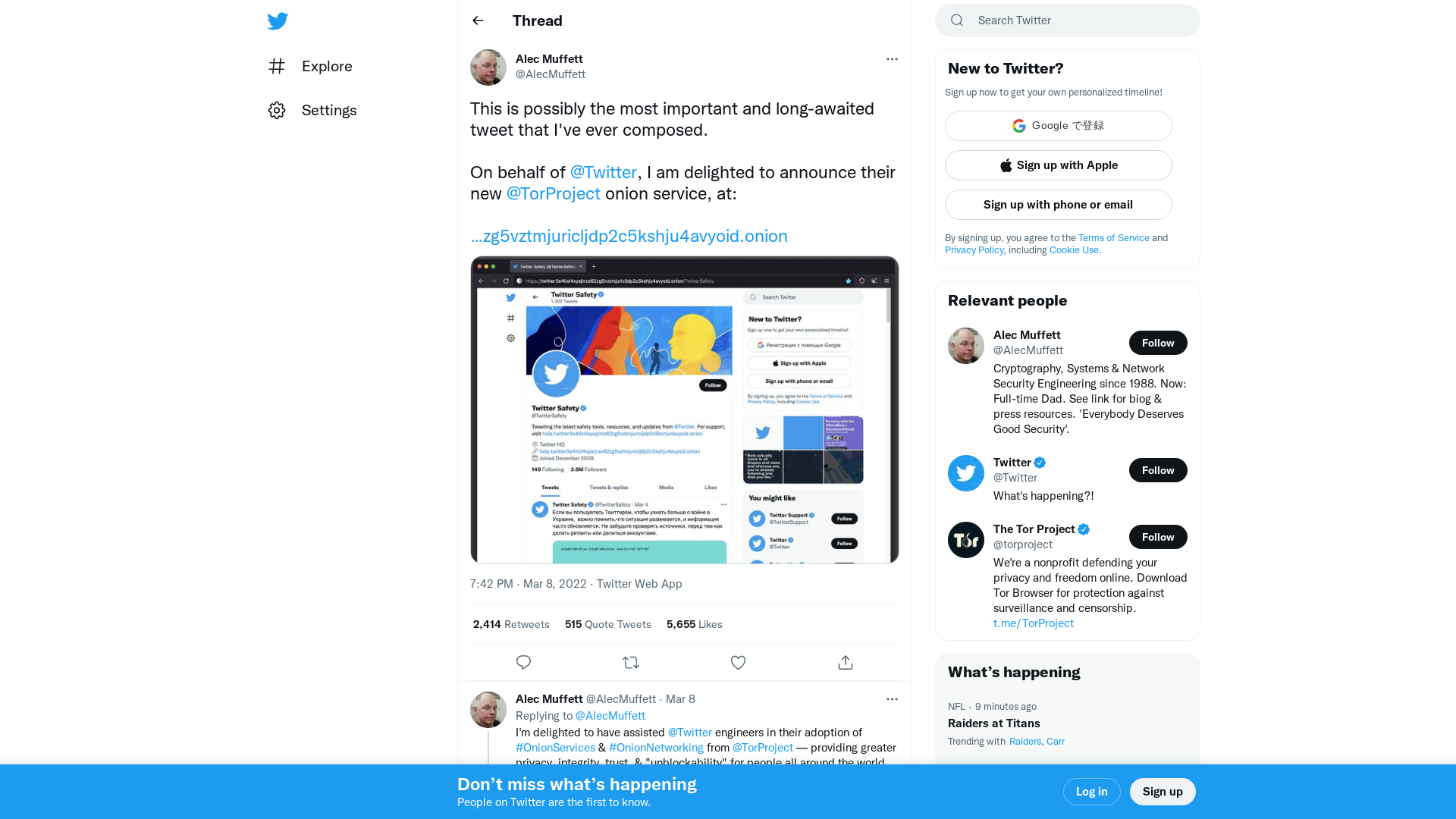 Alec Muffett on Twitter: "This is possibly the most important and long-awaited tweet that I've ever composed. On behalf of @Twitter, I am delighted to announce their new @TorProject onion service, at: https://t.co/Un8u0AEXeE https://t.co/AgEV4ZZt3k" / Twitter