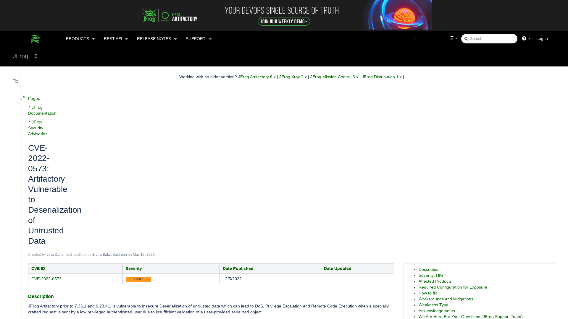 CVE-2022-0573: Artifactory Vulnerable to Deserialization of Untrusted Data - JFrog - JFrog Documentation