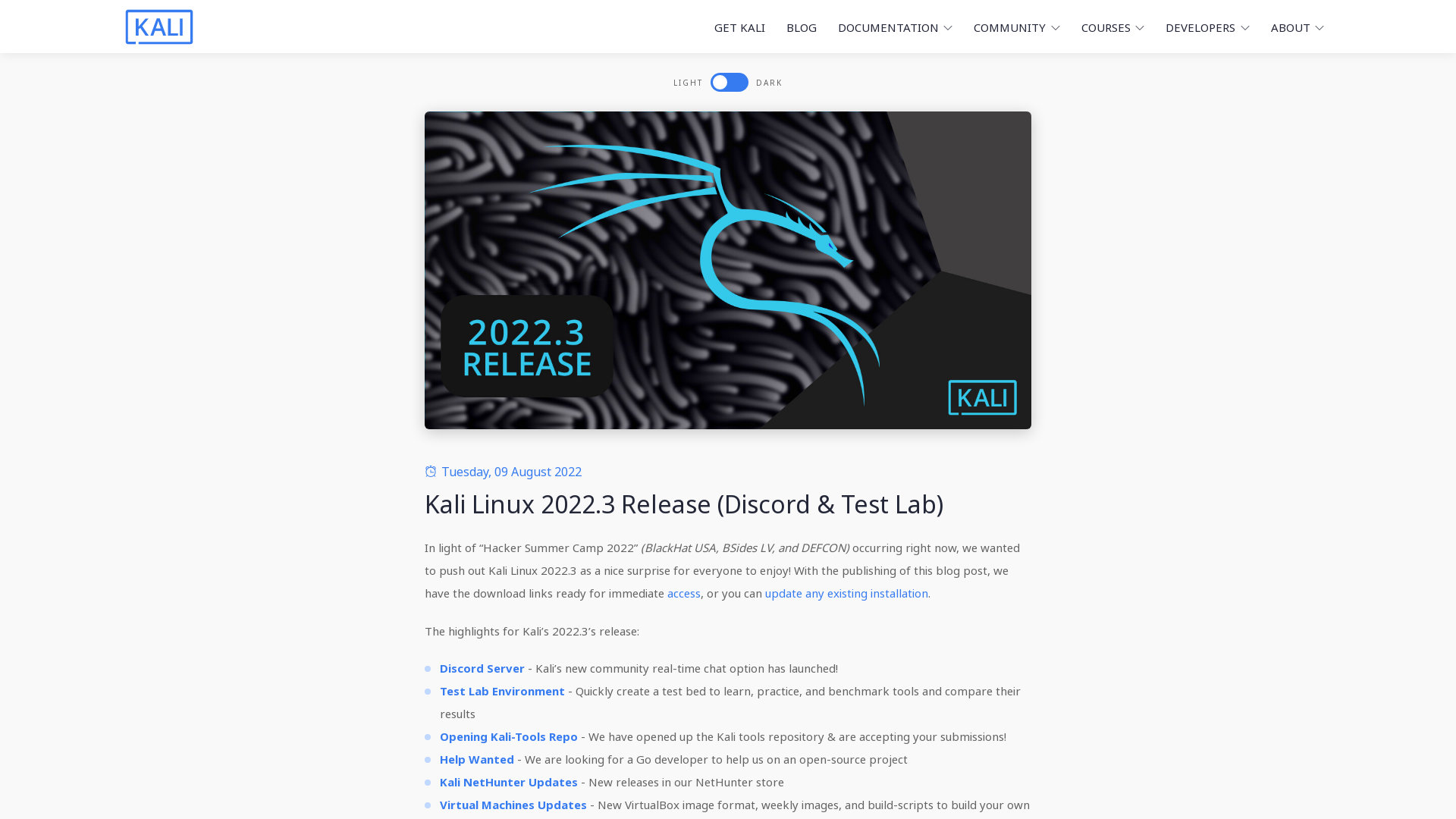 Kali Linux 2022.3 Release (Discord & Test Lab) | Kali Linux Blog