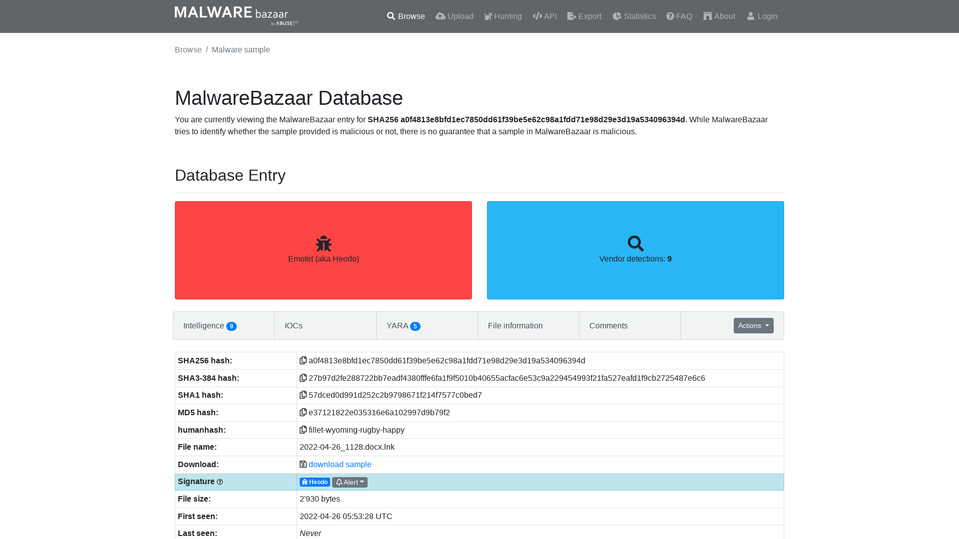 MalwareBazaar | SHA256 a0f4813e8bfd1ec7850dd61f39be5e62c98a1fdd71e98d29e3d19a534096394d (Heodo)