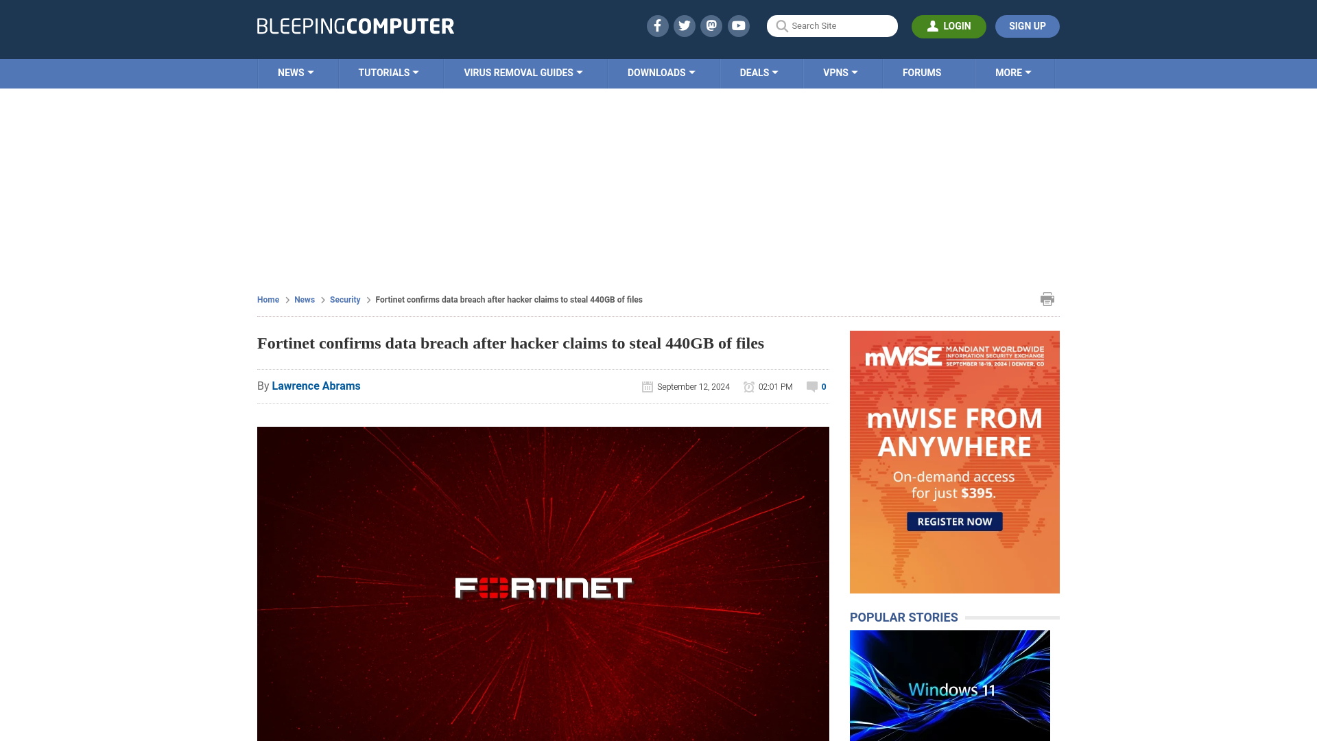 Fortinet confirms data breach after hacker claims to steal 440GB of files