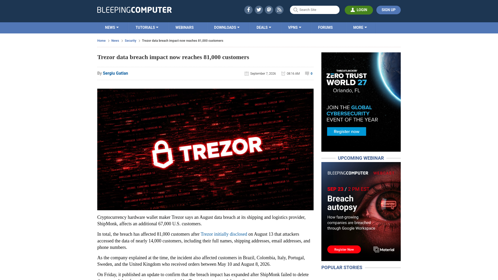 Trezor data breach impact now reaches 81,000 customers