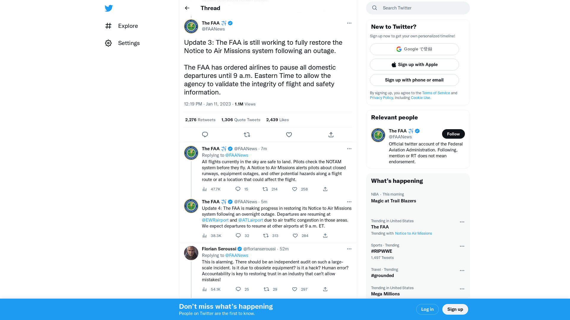 The FAA ✈️ on Twitter: "Update 3: The FAA is still working to fully restore the Notice to Air Missions system following an outage. The FAA has ordered airlines to pause all domestic departures until 9 a.m. Eastern Time to allow the agency to validate the integrity of flight and safety information." / Twitter