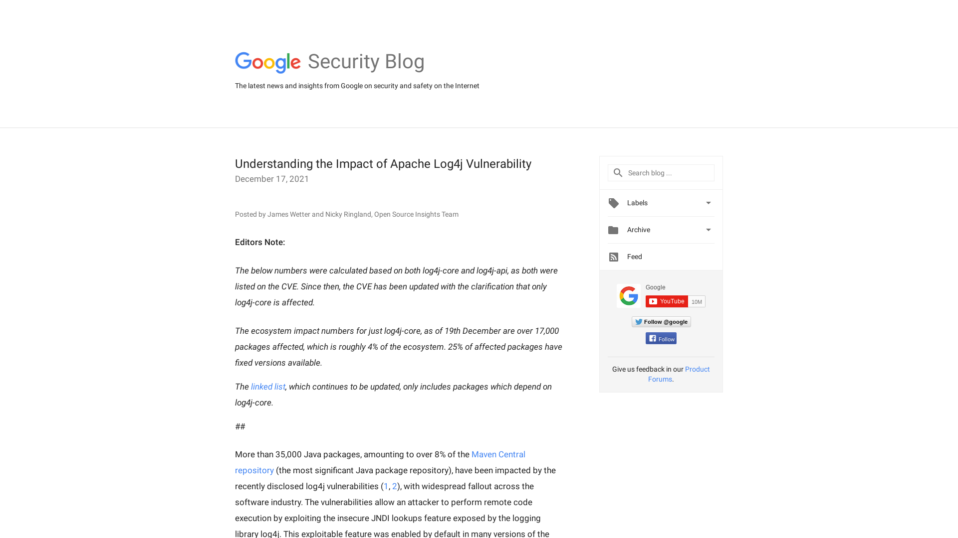 Google Online Security Blog: Understanding the Impact of Apache Log4j Vulnerability