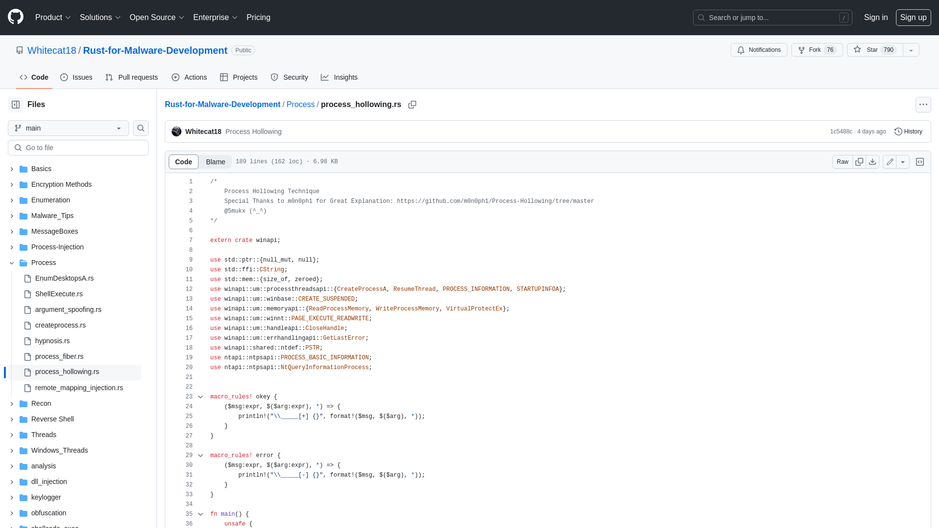 Rust-for-Malware-Development/Process/process_hollowing.rs at main · Whitecat18/Rust-for-Malware-Development · GitHub