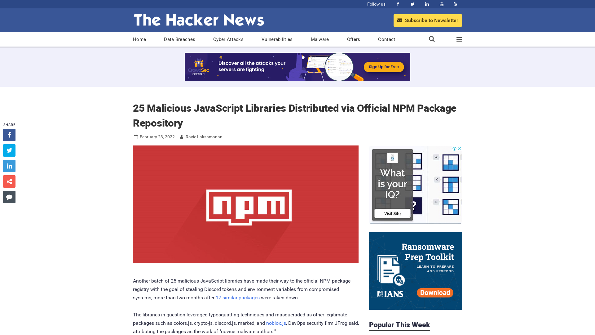 25 Malicious JavaScript Libraries Distributed via Official NPM Package Repository