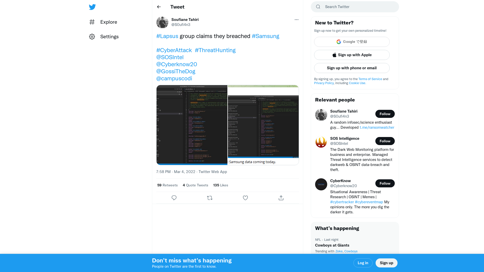 Soufiane Tahiri on Twitter: "#Lapsus group claims they breached #Samsung #CyberAttack #ThreatHunting @SOSIntel @Cyberknow20 @GossiTheDog @campuscodi https://t.co/AQvQNLF8M1" / Twitter
