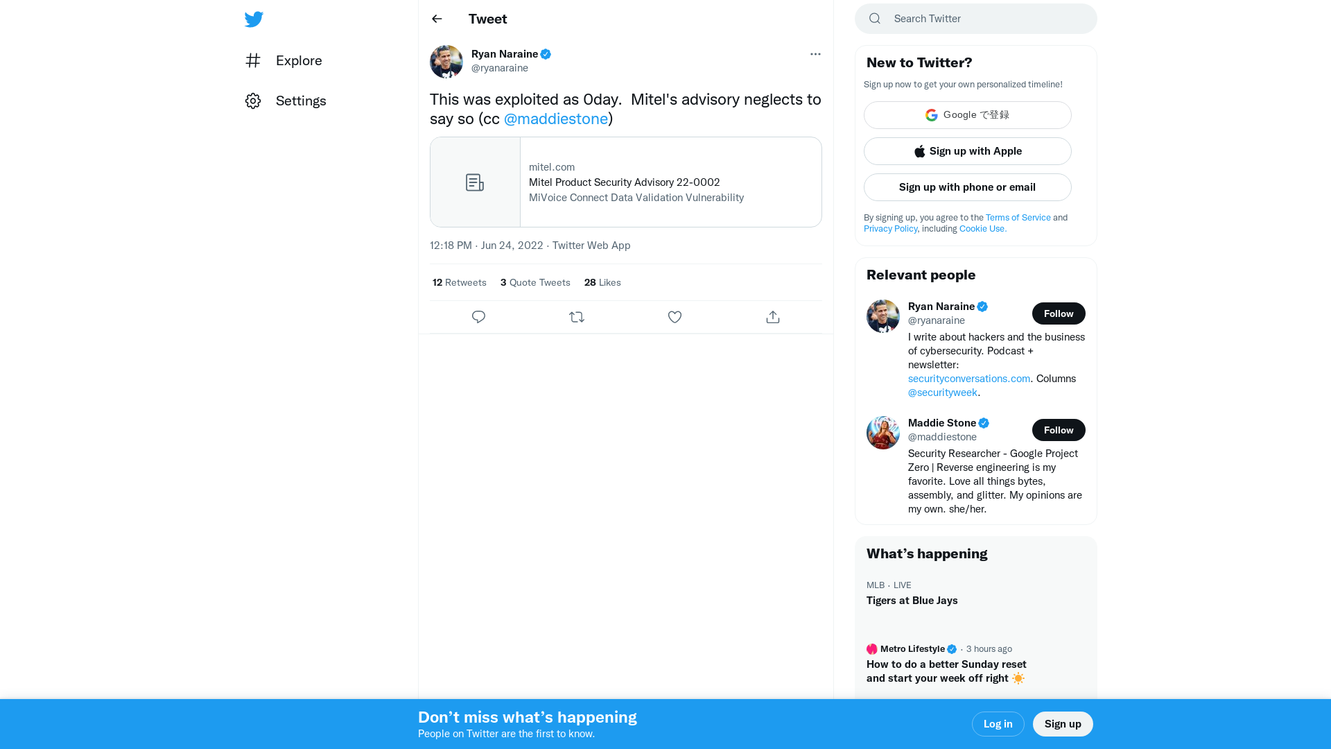 Ryan Naraine on Twitter: "This was exploited as 0day. Mitel's advisory neglects to say so (cc @maddiestone) https://t.co/osMz3xu3R8" / Twitter