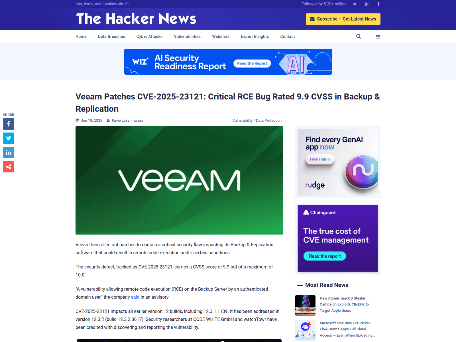 Veeam Patches CVE-2025-23121: Critical RCE Bug Rated 9.9 CVSS in Backup & Replication