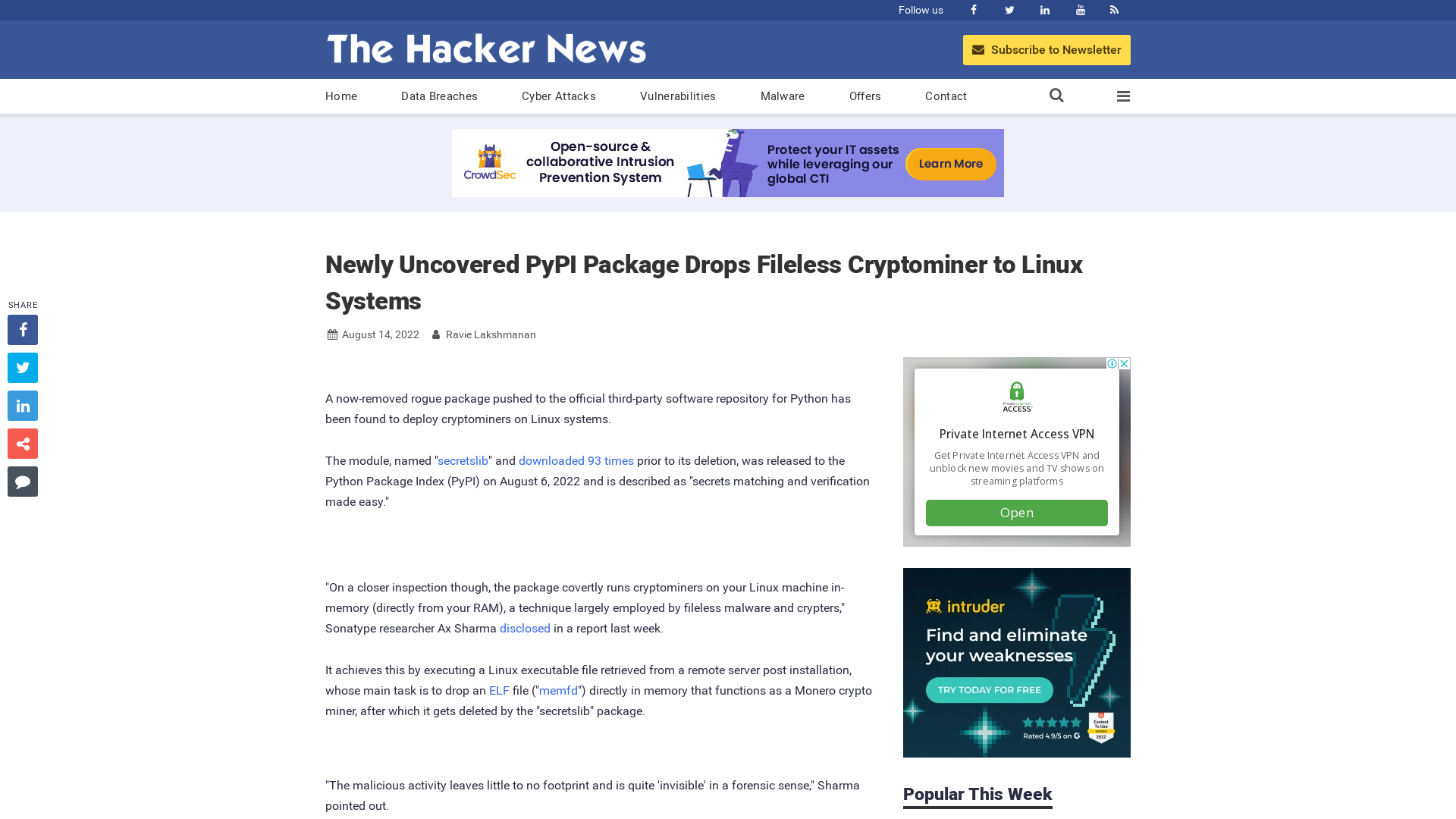 Newly Uncovered PyPI Package Drops Fileless Cryptominer to Linux Systems