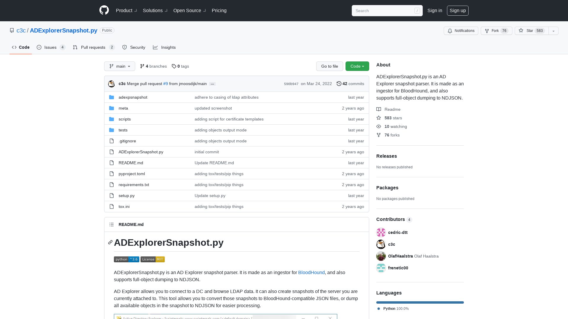 GitHub - c3c/ADExplorerSnapshot.py: ADExplorerSnapshot.py is an AD Explorer snapshot parser. It is made as an ingestor for BloodHound, and also supports full-object dumping to NDJSON.