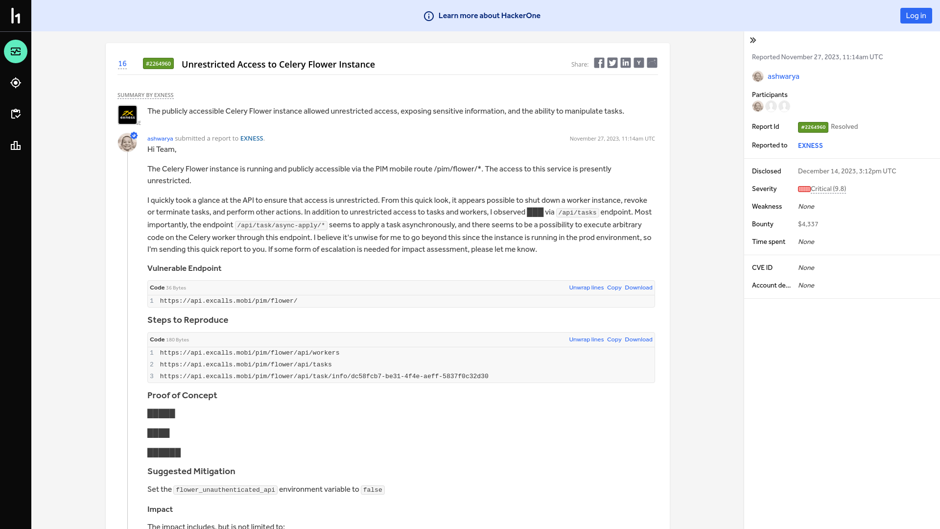 EXNESS | Report #2264960 - Unrestricted Access to Celery Flower Instance | HackerOne