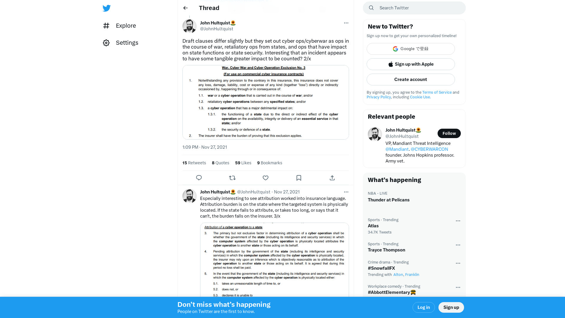John Hultquist🌻 on Twitter: "Draft clauses differ slightly but they set out cyber ops/cyberwar as ops in the course of war, retaliatory ops from states, and ops that have impact on state functions or state security. Interesting that an incident appears to have some tangible greater impact to be counted? 2/x https://t.co/RLcpiVVyWM" / Twitter
